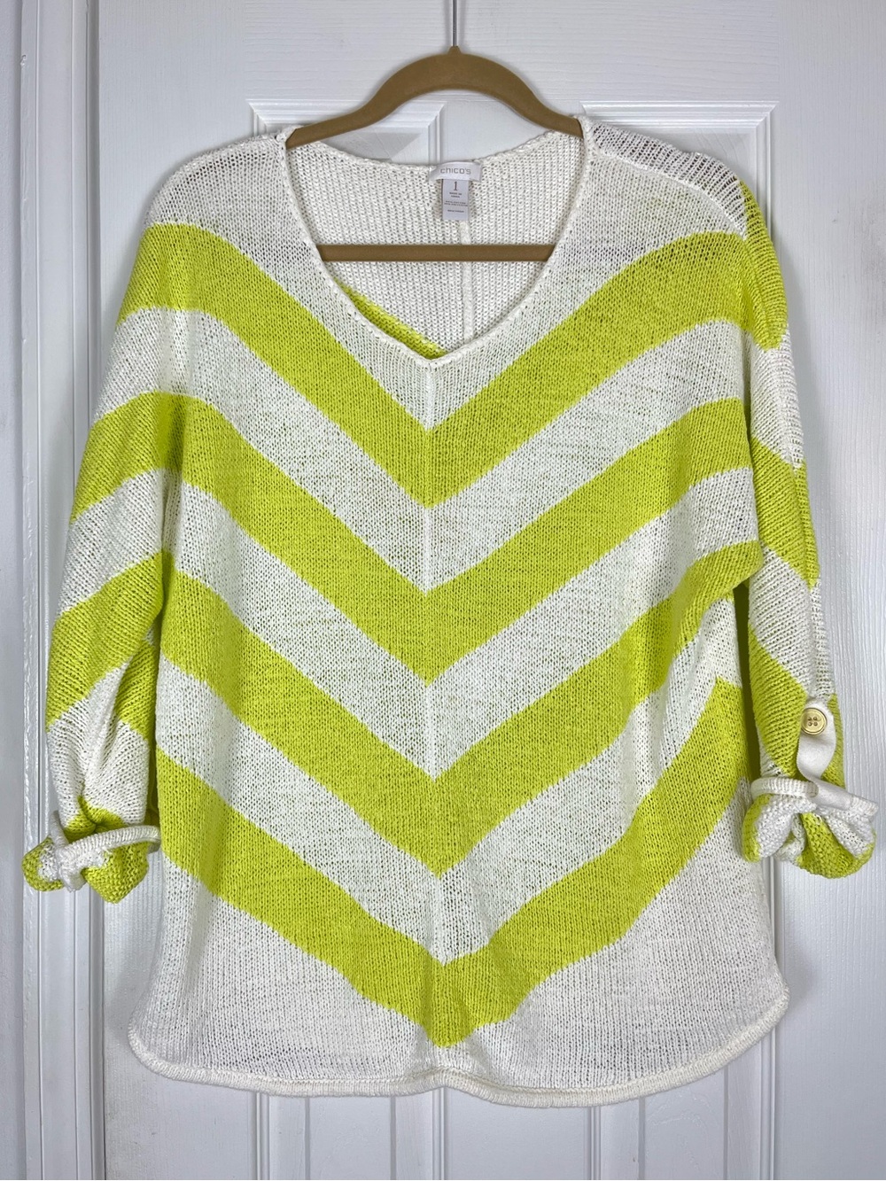 Chico’s Open Knit Sweater Chevron Stripe Chico’s Sz 1 / Women’s M Rolled Sleeve
